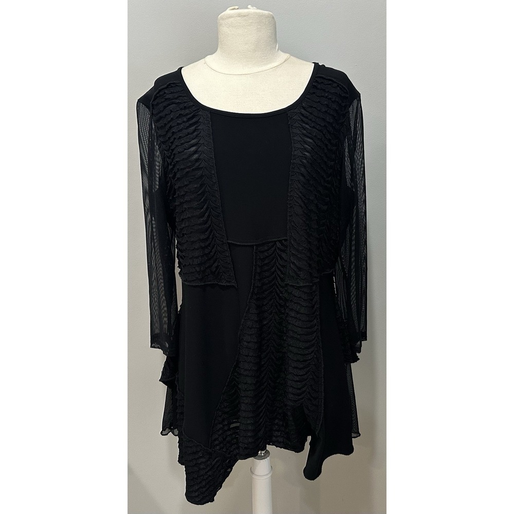 Joseph Ribkoff Asymmetrical Dress Size 16 Mesh Sleeve Sheer Witchy Romantic